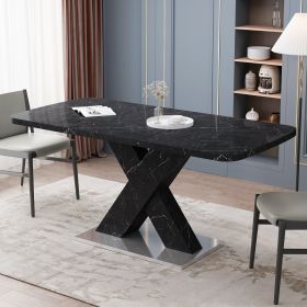 Modern Square Dining Table;  Stretchable;  Printed Black/white Marble +MDF X-Shape Table Leg with Metal Base (Color: black)